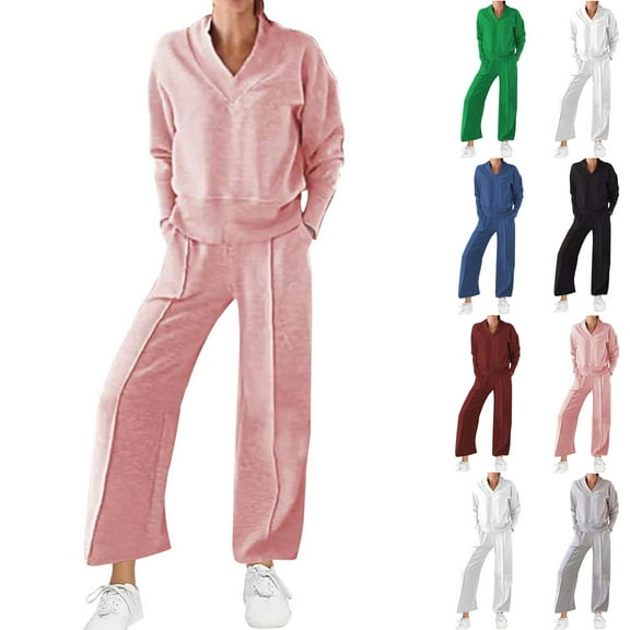 Women's Two-Piece Set Solid Color V-Neck Top & Pants, Fall Winter Oversize Workout Sport Gym Vacation Travel Casual Comfortable Sweatshirt Sets for Women, Women's Wide Leg Lounge Pants Set