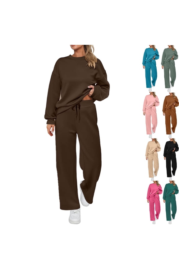 Women's Two Piece Sets Casual Solid Color Loose Long Sleeve Crew Neck Sweatshirt and Sweatpants Sports Outfit Fall Winter Warm Sport Set Oversized Athleisure Sets Women Travel Set