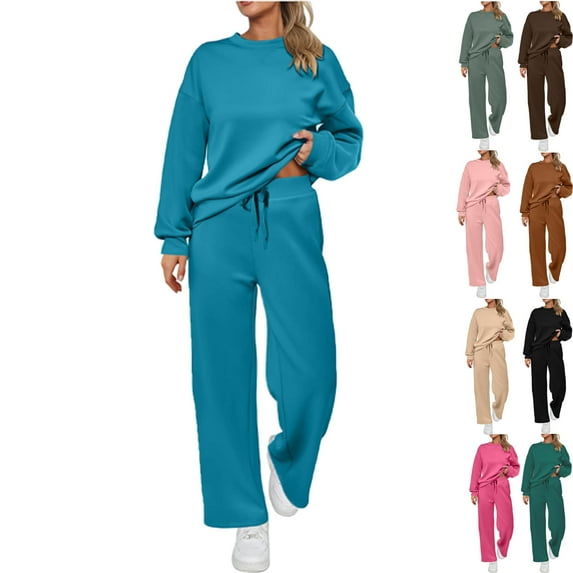 Women's Two Piece Sets Casual Solid Color Loose Long Sleeve Crew Neck Sweatshirt and Sweatpants Sports Outfit Fall Winter Warm Sport Set Oversized Athleisure Sets Women Travel Set
