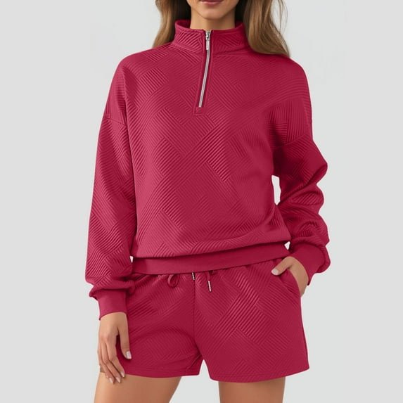 Women's Two Piece Sets Fall Autumn Lapel Ribbed Quarter Zip Sweatshirt Lounge Outfits Solid Color Long Sleeve Pullover Drawstring Elastic Waist Shorts Sweatpants for Exercise