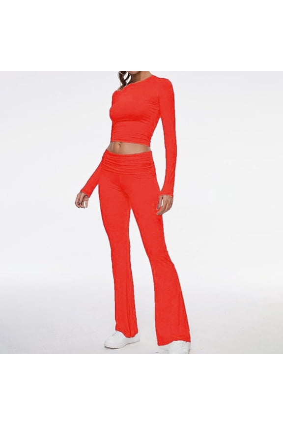Women's Two Piece Sets Fold Over Flare Pants Set Long Sleeve Cropped Top Casual Outfits Pajamas Sets Womens Winter Apparel Romper for Bride Formal Women Jacket Brides Pants Long Sleeve Pants Suit