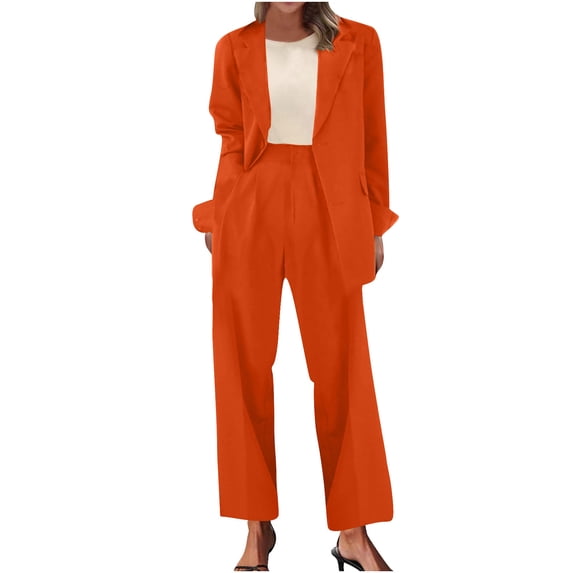 Women's Two Piece Sets Pants Suits Dressy Business Casual Outfits Professional Blazer Pantsuits Set Work Office Orange S