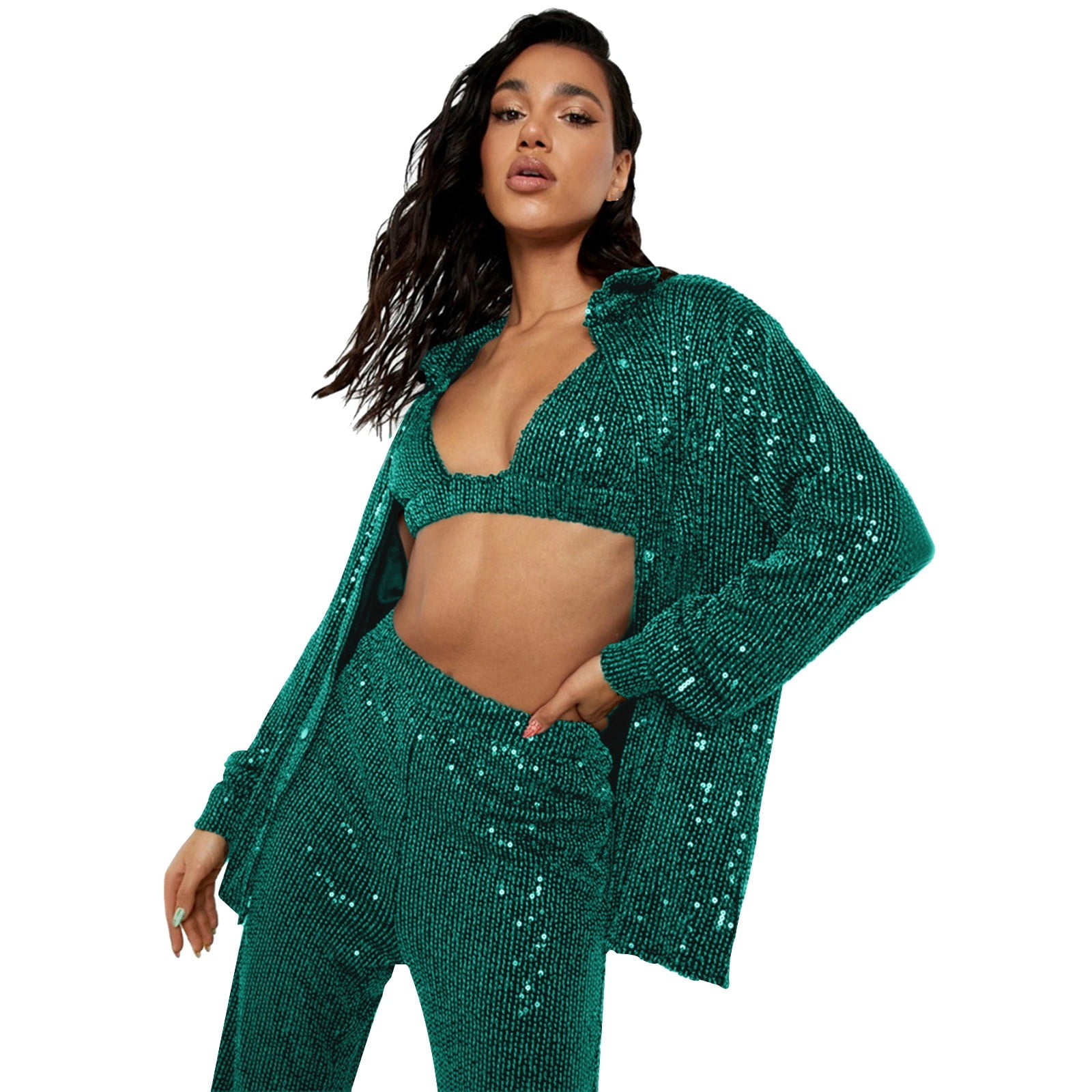 Women's Two Piece Sets Solid Color Sequin Fashion Sparkly Party