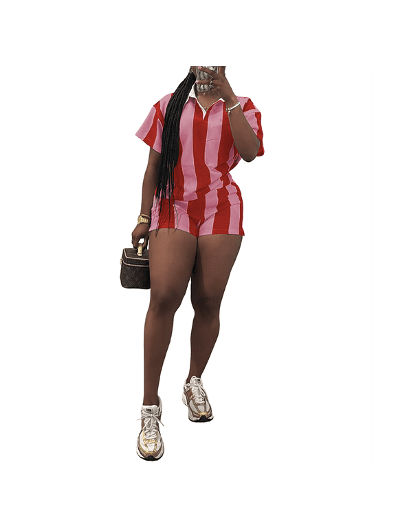 Women's Two Piece Sets Summer Casual Striped Polo Shirt High Waisted Short Workout Jogger Sets Pink 2XL