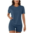thumbnail image 1 of Women's Two Piece Sets Summer Crew Neck Lounge Short Sportswear Sets Fashion Leisure Solid Color Round NeckT-shirt Shorts Two-piece Set, 1 of 7