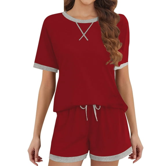 Women's Two Piece Shorts Set Solid Color Crewneck Top and Drawstring Shorts Plus Size Pajamas Sets Comfortable Sleepwear Short Sets for Women