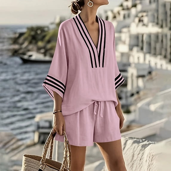 Women's Two-Piece Shorts Set Three-Quarter Length Sleeve V Neck Striped Vacation Daily Casual Outdoor Summer Loose Set