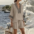 thumbnail image 1 of Women's Two-Piece Shorts Set Three-Quarter Length Sleeve V Neck Striped Vacation Daily Casual Outdoor Summer Loose Set, 1 of 8