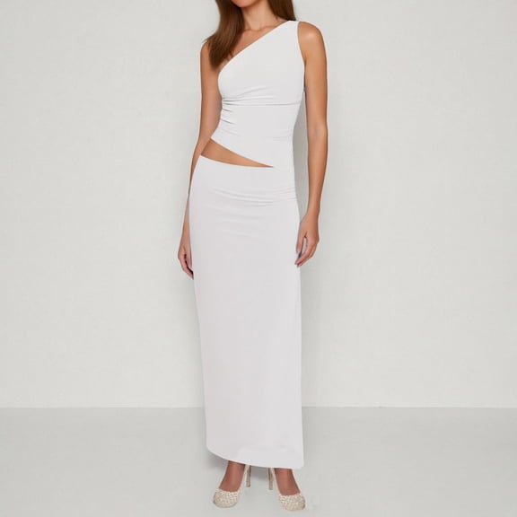 Women's Two Piece Skirt Set 2025 Summer Outfits One Shoulder Sleeveless Ruched Slit Bodycon Maxi Skirts Semi Formal Dresses for Women plus Size Women Dress Formal plus Formal Dresses Satin Womens