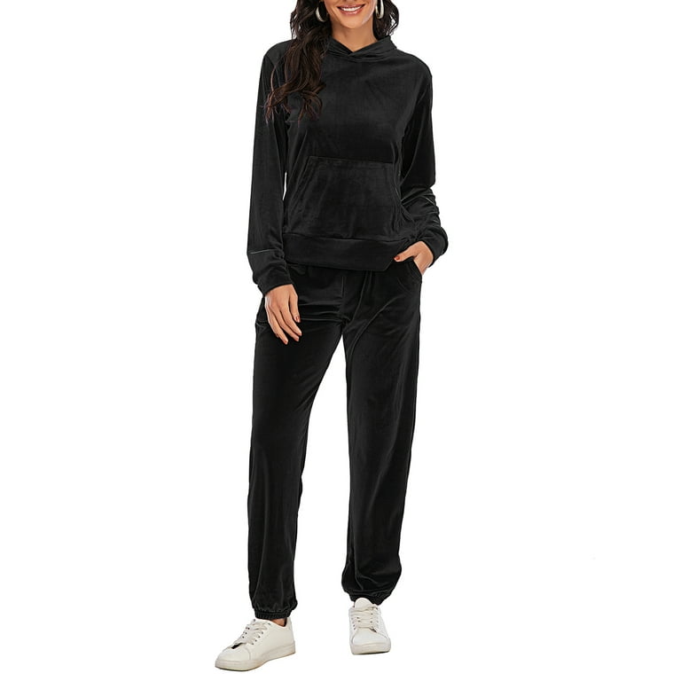 Women s Two Piece Solid Velvet Tracksuit Set Full Zipper Up Hooded