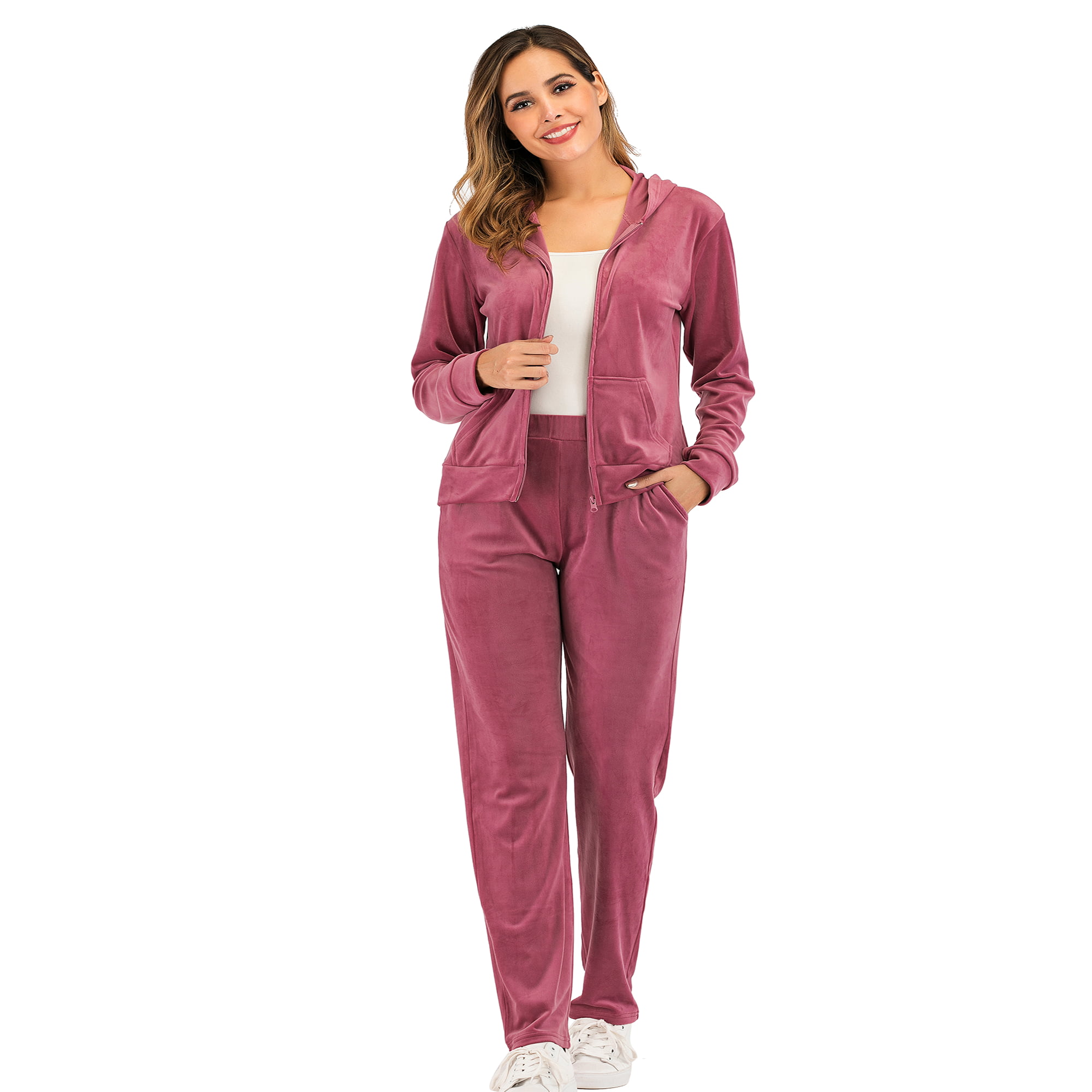 FOCUSSEXY Women's Two Piece Solid Velvet Tracksuit Set Full Zipper-Up Hooded Sweatshirts and Pants Sweatsuit Set Activewear Red/Purple, Size: US 18-20