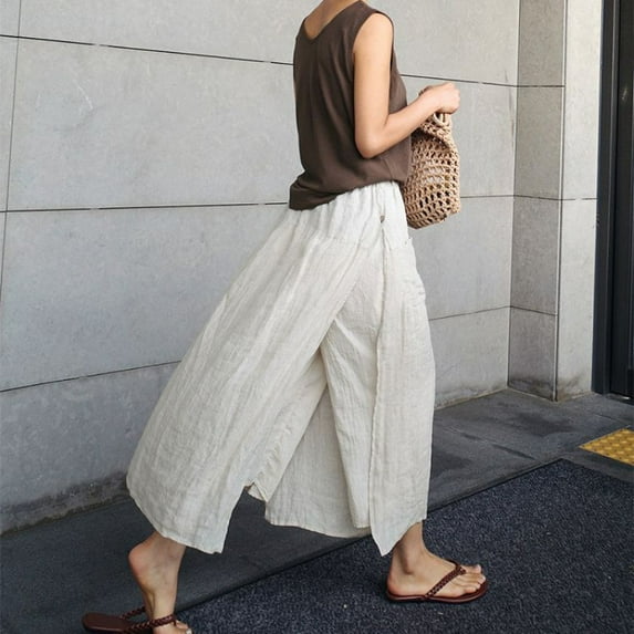 Women's Two-Piece Spliced Pants Skirt Casual Elastic High Waist Pants Wide Leg Cropped Pants