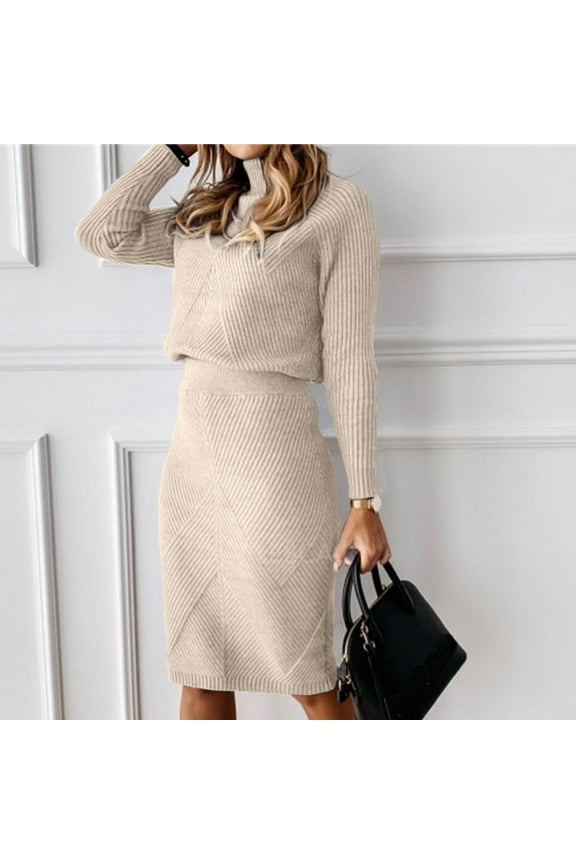 Women's Two Piece Suit Turtleneck Knitted Solid Color Thick Lapel Pullover Sweater And Knee Length skirt Set Beige M