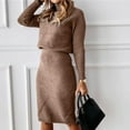 thumbnail image 1 of Women's Two Piece Suit Turtleneck Knitted Solid Color Thick Lapel Pullover Sweater And Knee Length skirt Set Brown S, 1 of 6