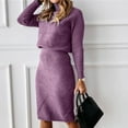 thumbnail image 1 of Women's Two Piece Suit Turtleneck Knitted Solid Color Thick Lapel Pullover Sweater And Knee Length skirt Set Purple XL, 1 of 6