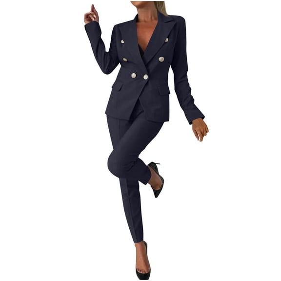 Women's Two Piece Suits Business Blazer Pant Suit Set Long Sleeve Blazers Straight Pants Office Work Outfit, S
