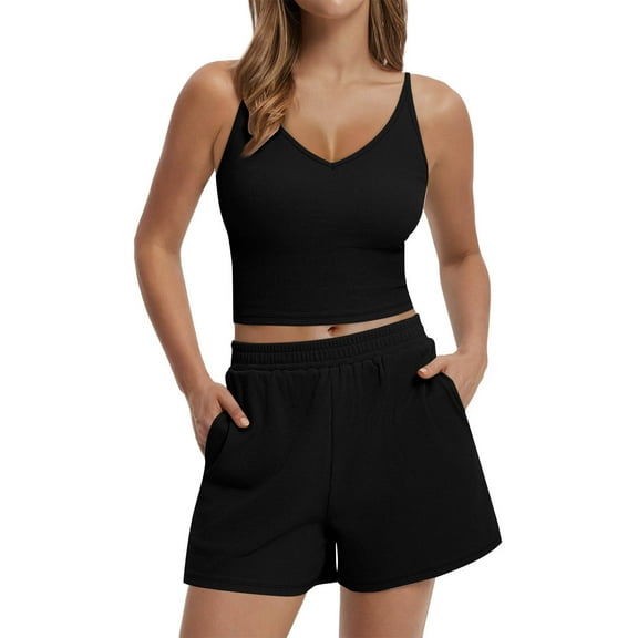 Women's Two Piece Summer Outfit - Matching Lounge Crop Top and High Waisted Shorts Set, Casual and Comfortable, Limited Time Off