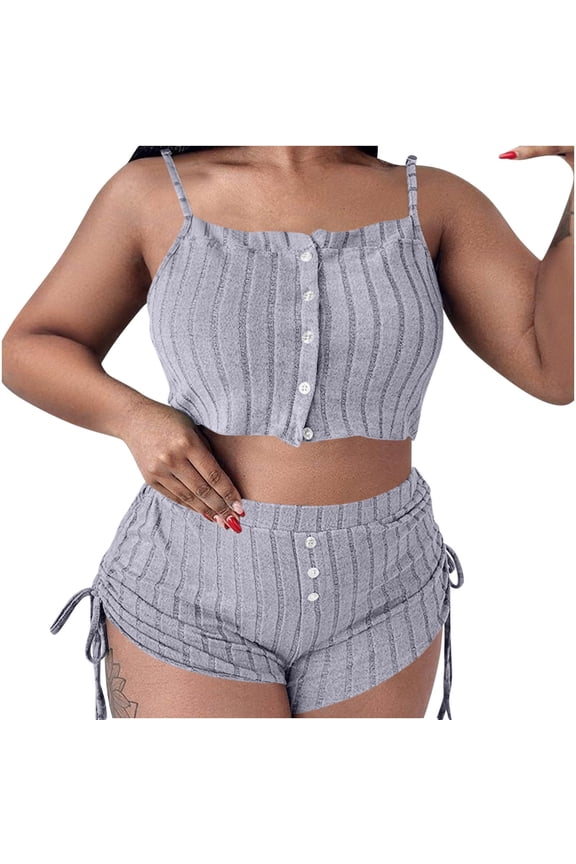 Women's Two Piece Summer Set Casual Comfy Pajama Suit Spaghetti Strap Camisoles Side Drawstring Shorts Home Wear (XXL, Gray)