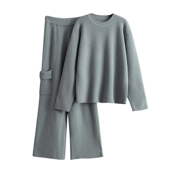 Women's Two Piece Sweater Lounge Set Long Sleeve Sweater Wide Leg Pants with Pockets Gray Free Size
