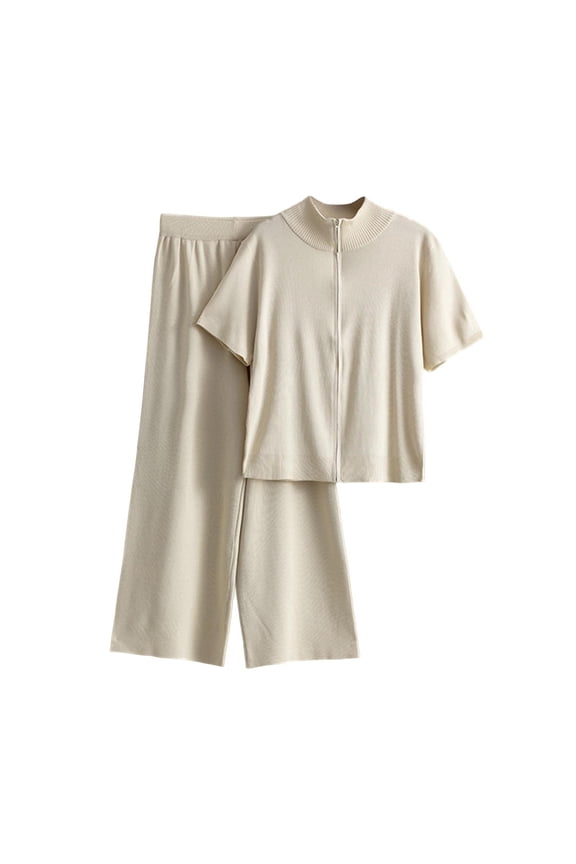 Women's Two Piece Sweater Lounge Sets Cable Knit with Mock Neck Short Sleeve Zip Up Top Wide Leg Pants Beige Free Size