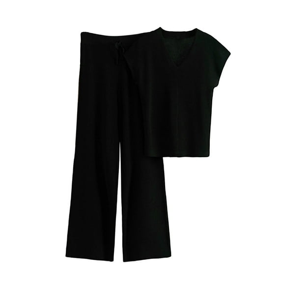 Women's Two Piece Sweater Lounge Sets Canble Knit with V Neck Short Sleeve Top Wide Leg Pants Black Free Size