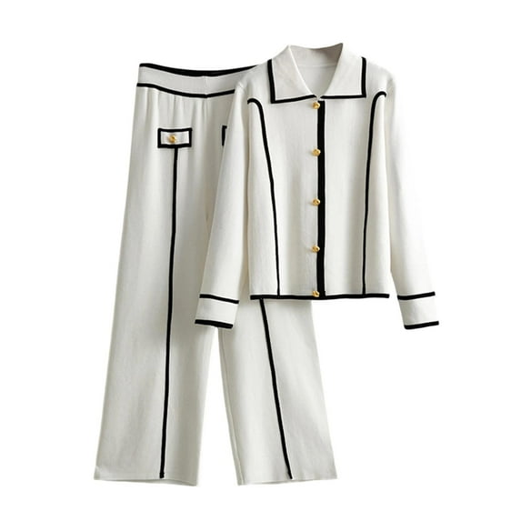 Women's Two Piece Sweater Sets Dressy Casual Knit Button Down Shirts Wide Leg Pants Work Travel Matching Set, Free Size