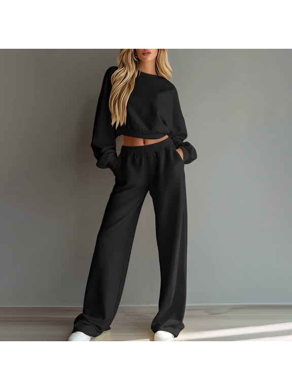 Women's Two Piece Sweatsuit Set Solid Color Long Sleeve Top and Sweatpants for Casual Wear and Workout in Fall and Winter