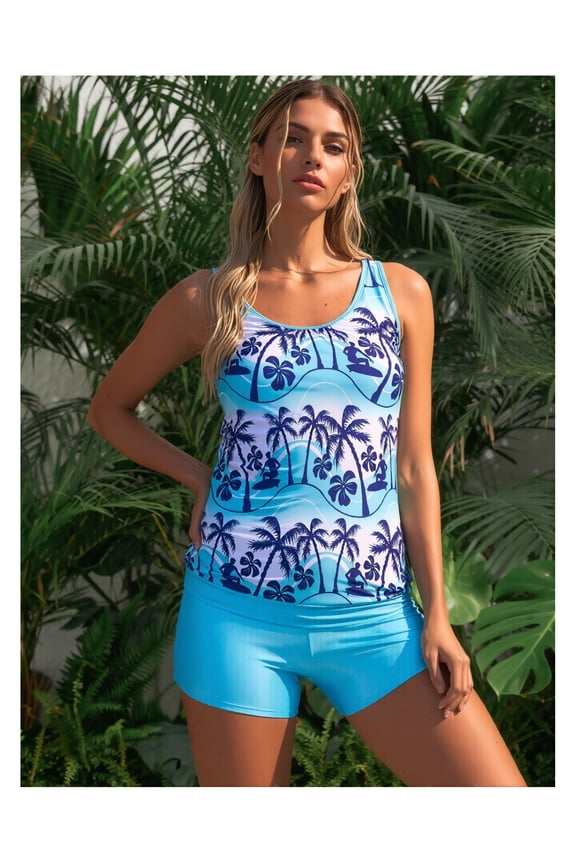 Women's Two Piece Swimsuit Coconut Tree Print Tankini High Waisted Bathing Suit for Summer Beach Vacation