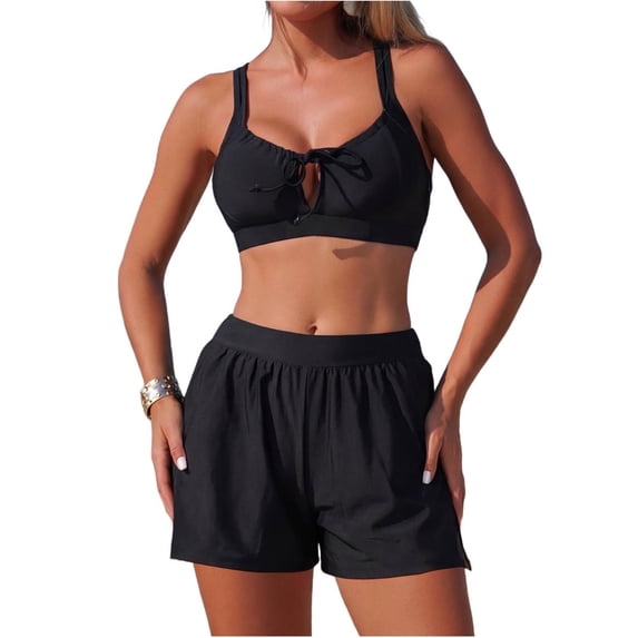 Women's Two Piece Swimsuit Crisscross Back Tie Front Swim Top with Sporty Boyshort Tummy Control Bathing Suit