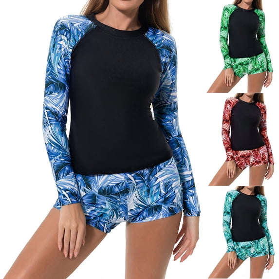 Women's Two Piece Swimsuit Long Sleeve Crew Neck Tops High Waist Shorts Print Modest Beach Vacation Bathing Suit (XL, Blue)