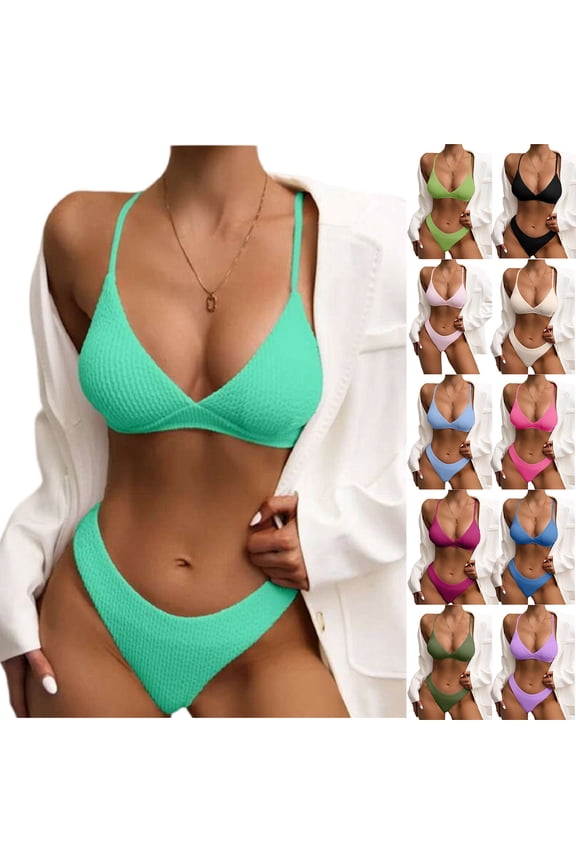 Women's Two Piece Swimsuit Ribbed Trim Solid Color Bikini Set for Swimming Beach Pool Summer,Army Green,S