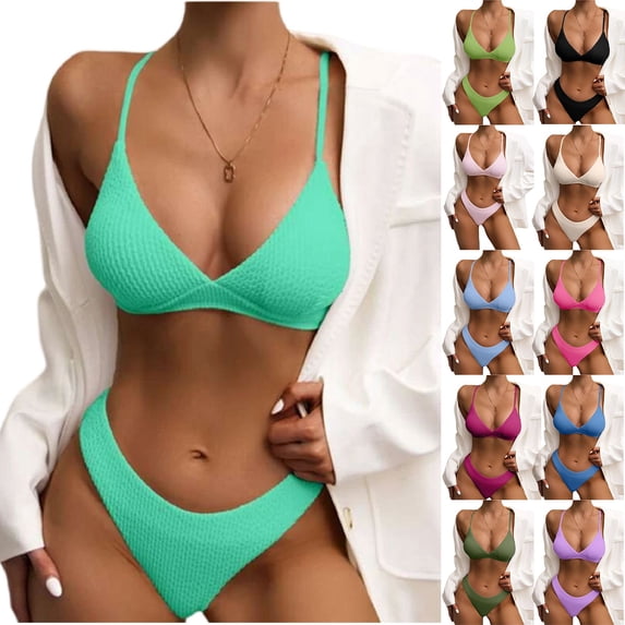 Women's Two Piece Swimsuit Ribbed Trim Solid Color Bikini Set for Swimming Beach Pool Summer,Dark Blue,S