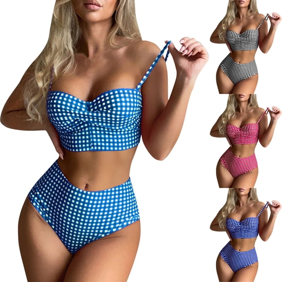 Women's Two Piece Swimsuit Set Plaid Print Push Up Bra with Panties Slim Fit Bikini for Beach Vacation,Sky Blue,L