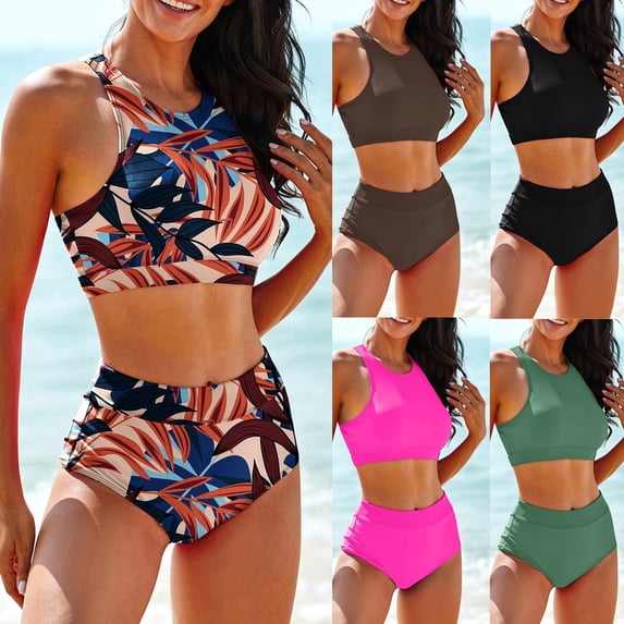 Women's Two Piece Swimsuit Set Solid Color Print Tank Top High Waist Bikini Bottom for Beach Pool Vacation,Army Green,L