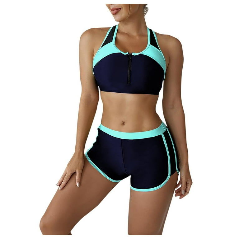 Women s Two Piece Swimsuit Set Zipper Halter Bikini Crop Top Swimwear with Boyshorts Color Block Athletic Bathing Suits Walmart
