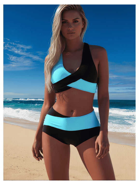 Women's Two-Piece Swimsuit, Striped Pattern, Black and White, Athletic Style Bikini Set