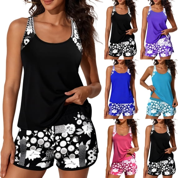 Women's Two Piece Swimsuit Tank Top and Shorts Flowy Bathing Suit for Beach Hot Spring Vacation,Black,L