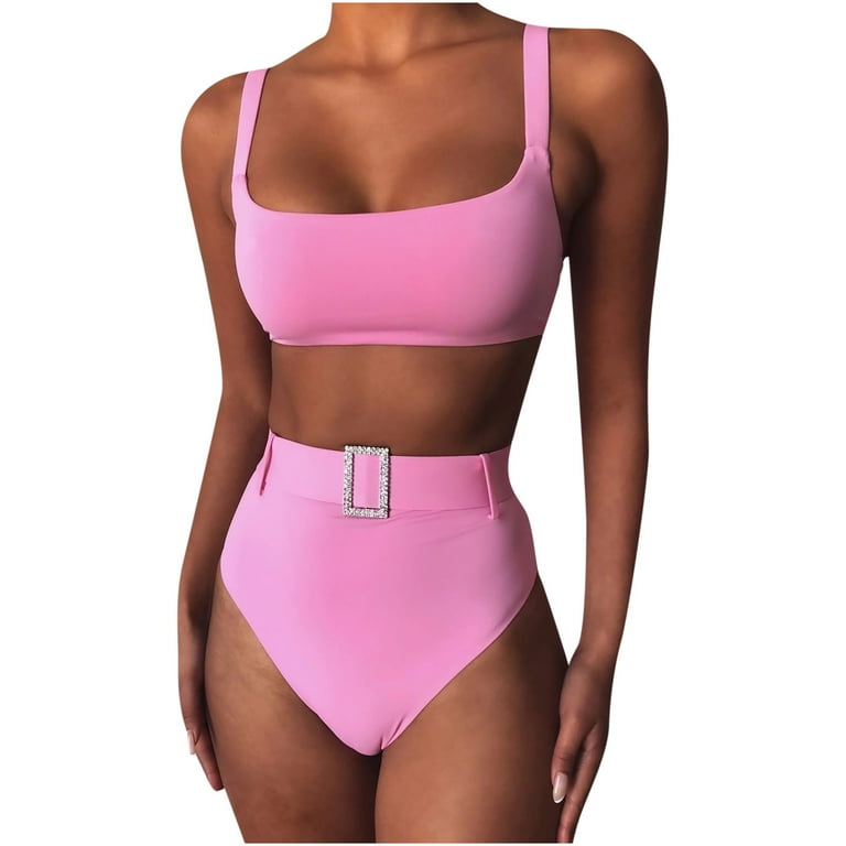 Women s Two Piece Swimsuits Tummy Control High Waisted Belted Bathing Suit Solid Color High Cut Bikini Set Crop Top Swimwear Beachwear