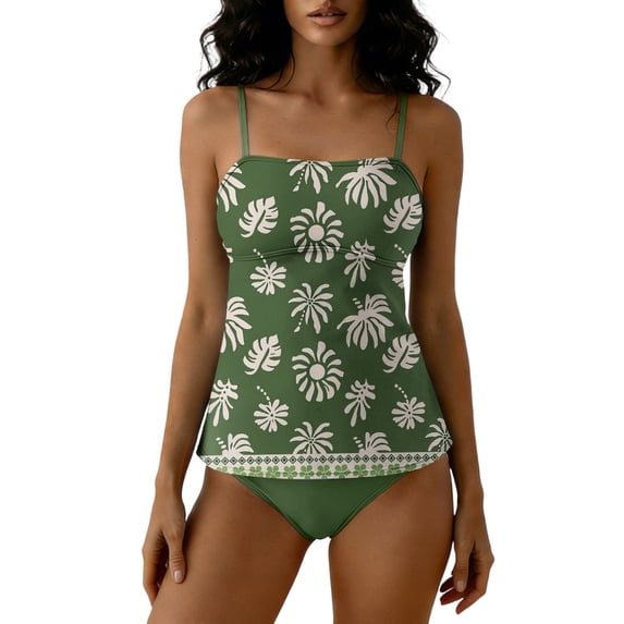 Women's Two Piece Tankini Set High Waisted Modest Coverage Print Slimming Swimwear Trendy Bathing Suit (L, Multicolor)