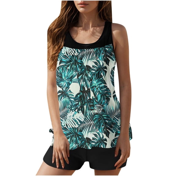 Women's Two Piece Tankini Swimsuit Floral Printed Beach Bathing Suit Modest Tank Swim Top Boyleg Swimwear (XL, Blue #A)