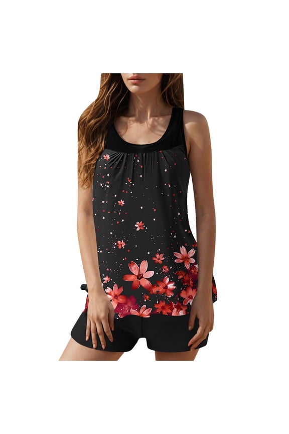 Women's Two Piece Tankini Swimsuit Floral Printed Beach Bathing Suit Modest Tank Swim Top Boyleg Swimwear (XL, Red #A)
