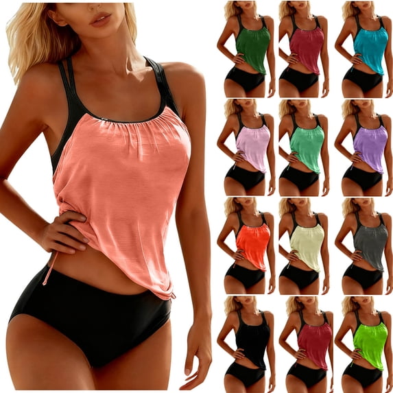 Women's Two Piece Tankini Swimsuit Ruched Drawstring Bathing Suits with High Waisted Bottom Summer Swimwear