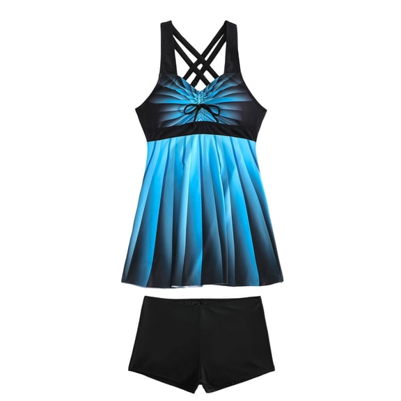 Women's Two-Piece Tankini Swimsuit Set with Crisscross Straps and Boyshorts, Pink and Blue, Comfortable and Stylish