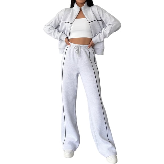 Women's Two Piece Tracksuit Fall Long Sleeve Zip Up Sweatshirt Long Pants Outfits Jogger Sweatsuit Sets Light Gray L
