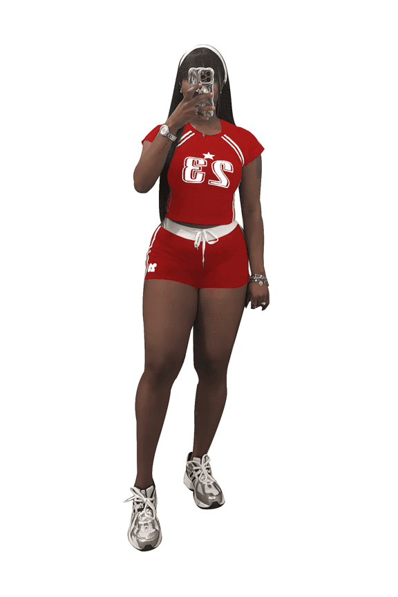 Women's Two Piece Tracksuit Set Cropped Short Sleeve Top Shorts Athletic Lounge Outfit for Summer Casual Red 2XL