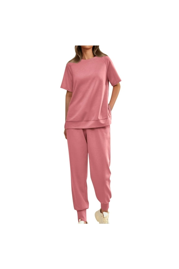 Women's Two Piece Tracksuit Short Sleeve Round Neck T-Shirt with Joggers Pants Cotton Blend Soft Workout Running Outfits Hot Pink,2XL