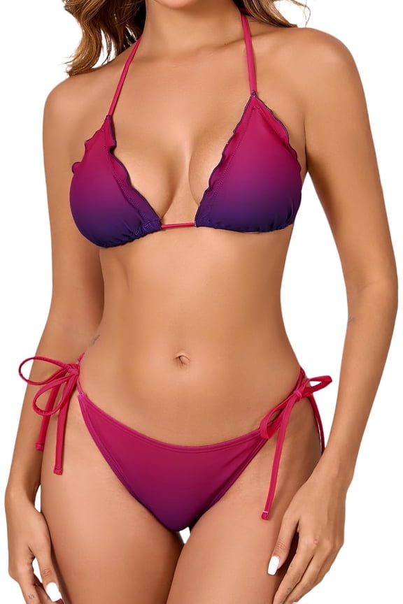 Women's Two Piece Triangle Bikini Sets Ruffle Halter Tie Side String Adjustable Sexy Swimsut with Romovable Padded