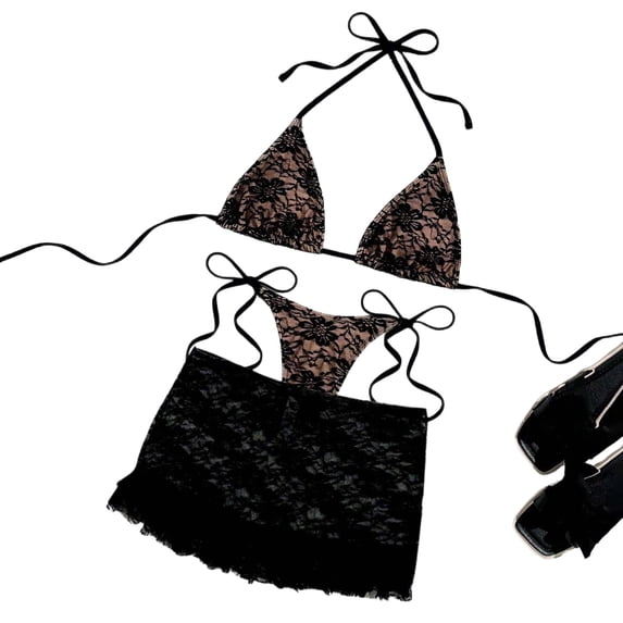 Women's Two Piece Triangle Bikini Swimsuit Ruffled Halter Triangle Top Tie Side High Cut Cute Summer Beach Bathing Suit