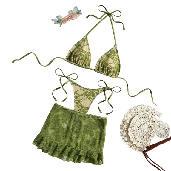 Women's Two Piece Triangle Bikini Swimsuit Ruffled Halter Triangle Top Tie Side High Cut Cute Summer Beach Bathing Suit