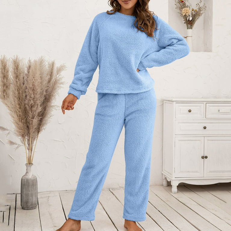 Women s Two Piece Trousers Of Pure Color Long Sleeve Winter Plush Sweater Knitting Set Sweaters For Women Fall Blue Walmart